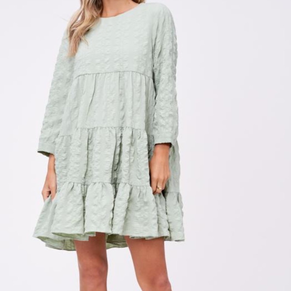 En Saison Ella Textured Babydoll Mini Dress In Sage